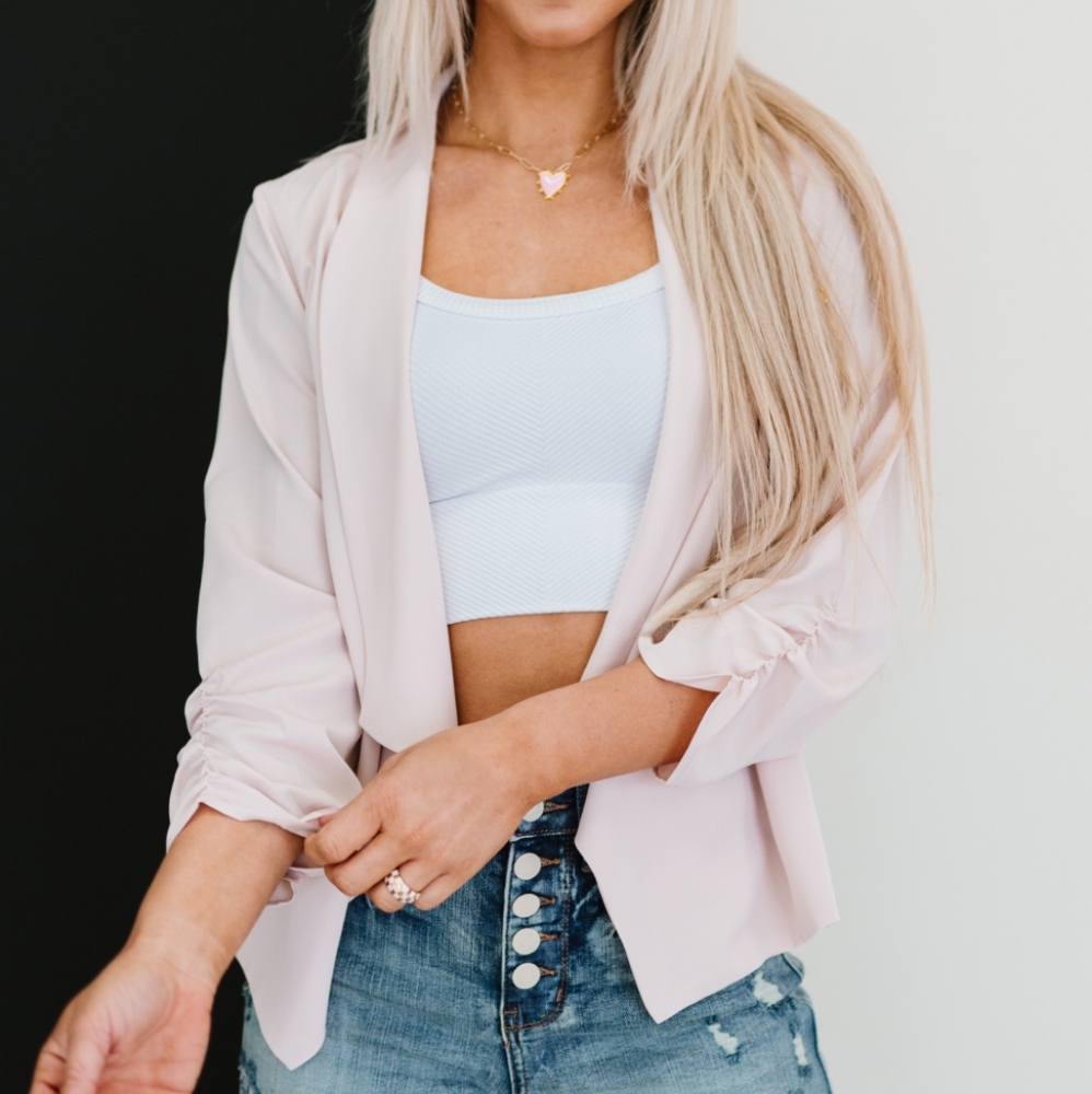 🔥NWT AMOLI Higher Path Light Pink Ruched Blazer Jacket in Regular & Plus Sizes